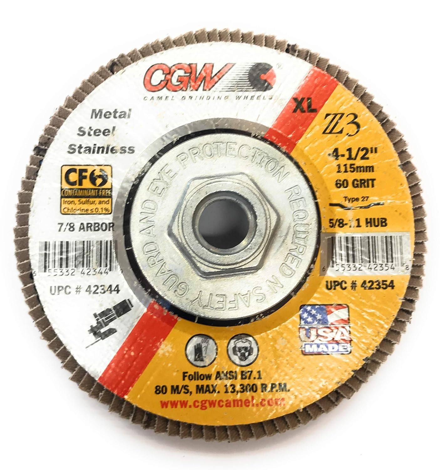 CGW Abrasives 42354 Abrasive Flap Disc 4-1/2" x 5/8-11" 60 Grit Zirconia - Pkg Qty 10