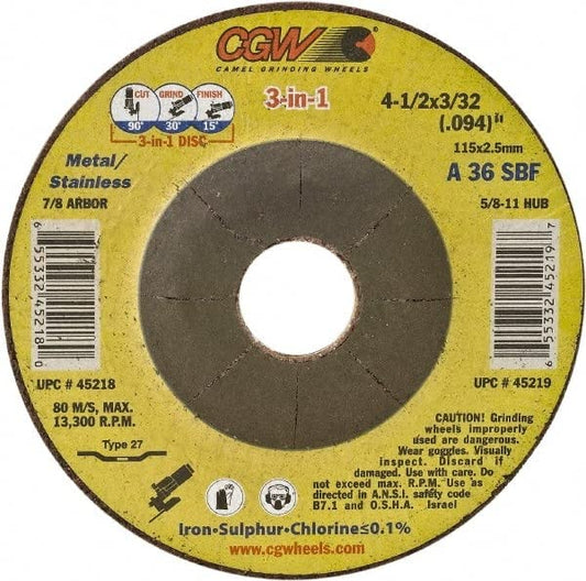 CGW Abrasives 45219 36 Grit 4-1/2" Wheel Diam 3/32" Wheel Thickness Type 27 Depressed Center Wheel Pack of 10