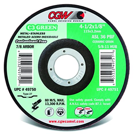 CGW Abrasives 4-1/2 x 1/8 (3.2mm) x 7/8 C3 Green Grinding Wheels 49750