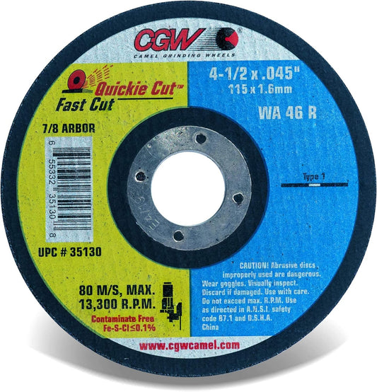 CGW Abrasives 35130 4-1/2x.045x7/8 T1 WA46-R Resin Cut WHLS Thin