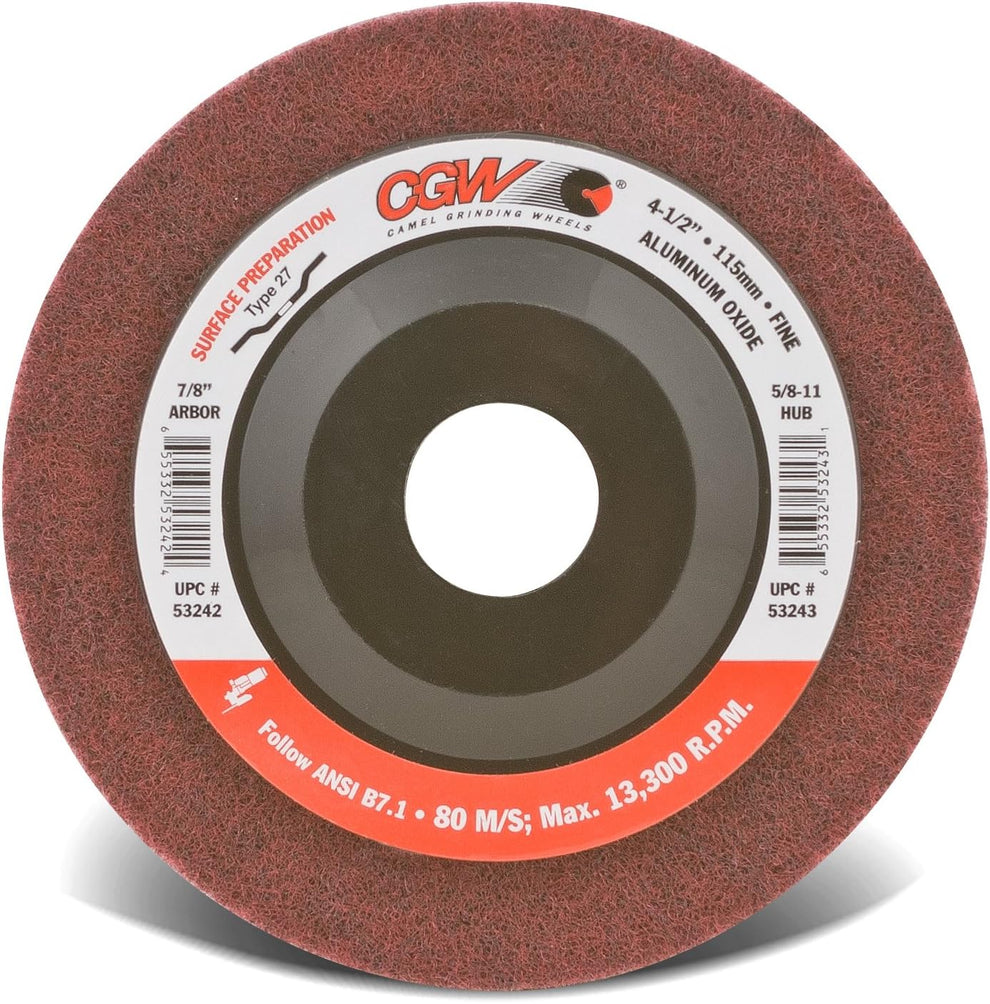 CGW Abrasives 53242 4-1/2X7/8 A/O T27 Maroon FINE Unitized- SURF PREP ...