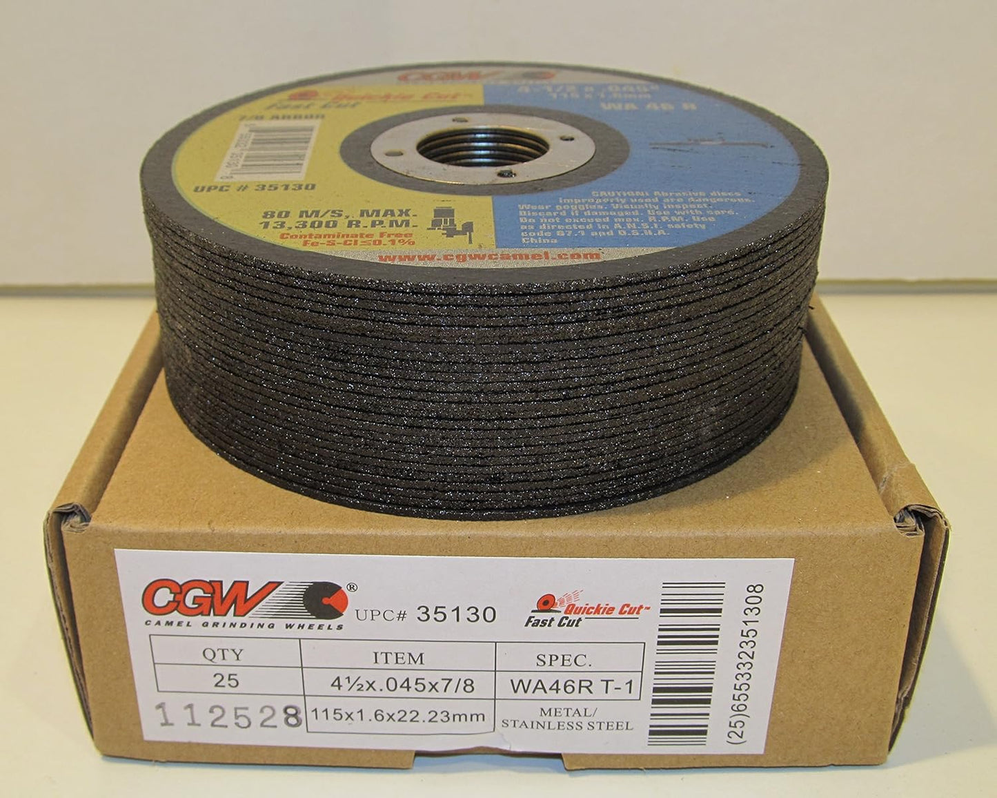CGW Abrasives 35130 4-1/2x.045x7/8 T1 WA46-R Resin Cut WHLS Thin