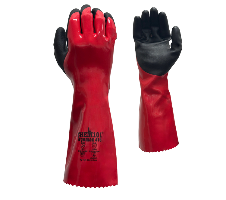 Task Gloves CH415 Ergomax 18G Seamless Nylon Lining, Fully Coated Red Co-Polymer Palm Coated with Black Sandy-Foam Co-Polymer, 15" Long Gauntlet