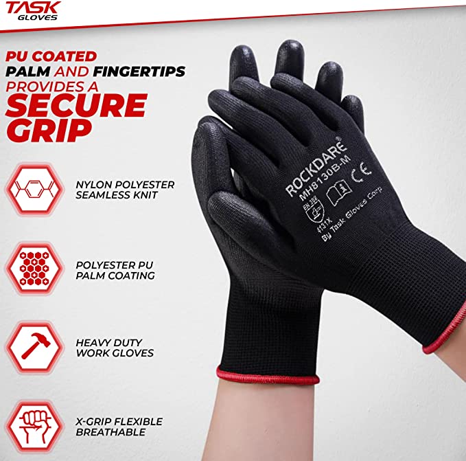 Task Force Safety Work Gloves PU Coated-12 Pairs, Seamless Knit Glove with Polyurethane Coated Smooth Grip, General Duty Work