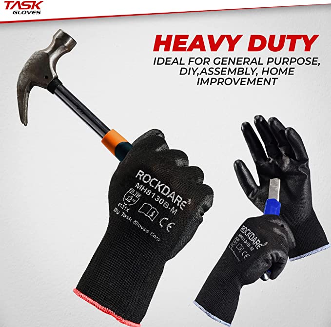 Task Force Safety Work Gloves PU Coated-12 Pairs, Seamless Knit Glove with Polyurethane Coated Smooth Grip, General Duty Work